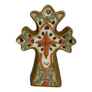 Ceramic Cross Candle Holder Tea light Easter Cross Gold Green 6 1/8" tall